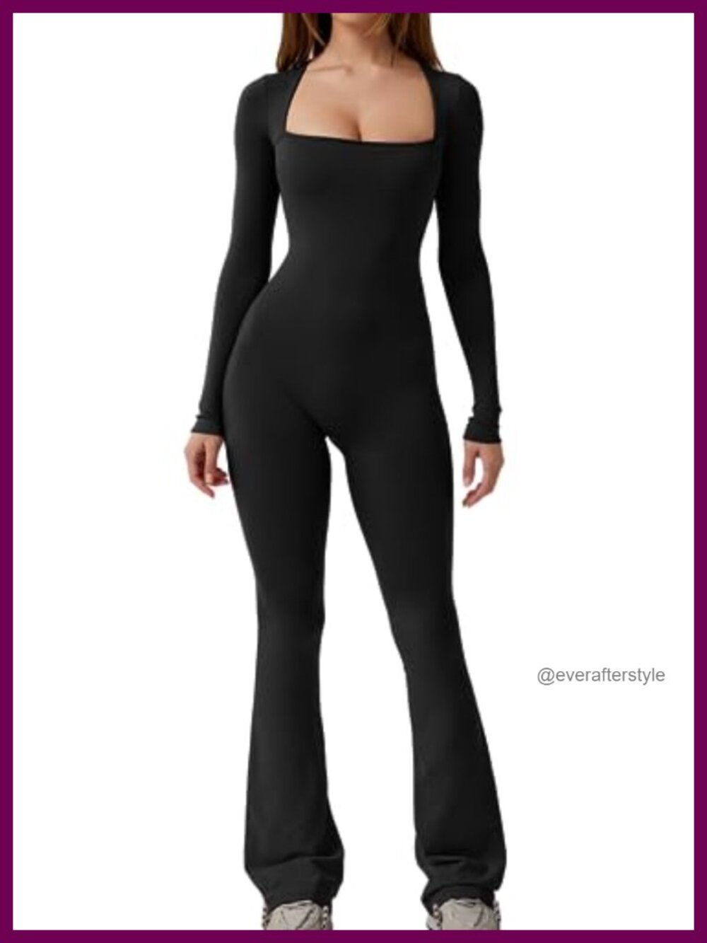 Square Neck Wide Leg Full Length Jumpsuit Long Sleeve